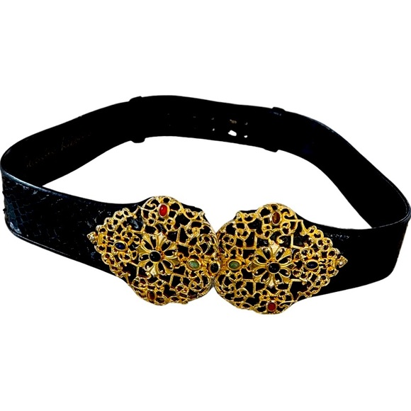 Judith Leiber Accessories - Judith Leiber vintage black snakeskin belt with ornate gold and cabochon…
